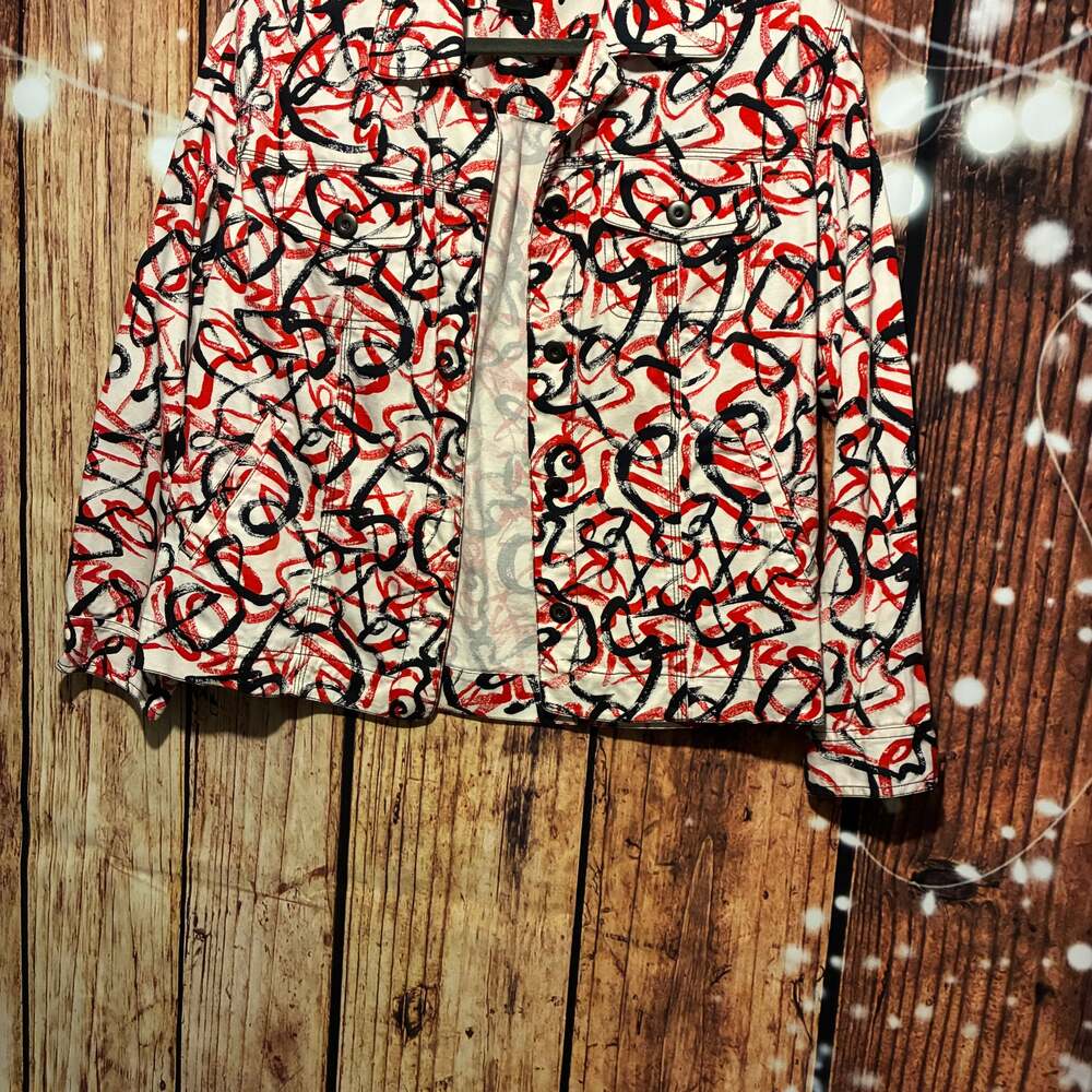 Ios Red and Black Graffiti Abstract Print Denim Style Trucker Jacket Size Medium